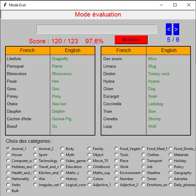 Quizz d'anglais result mode eval